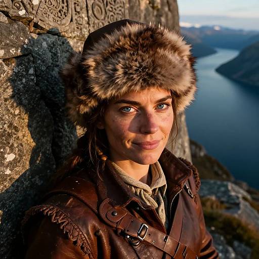Photograph of a smiling woman with fair skin, blue eyes, wearing a brown fur hat and leather jacket, standing against a rocky cliff with a river