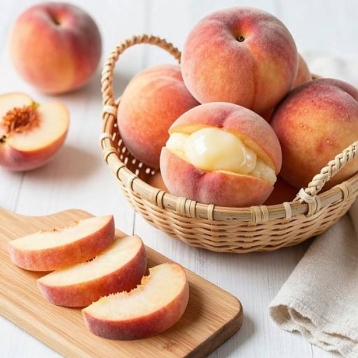 Photograph of a wicker basket filled with ripe, colorful peaches, some sliced on a wooden board, with a cloth napkin beside.