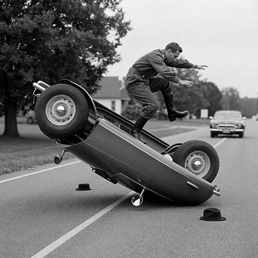 Dynamic Leap from Vintage Car Accident