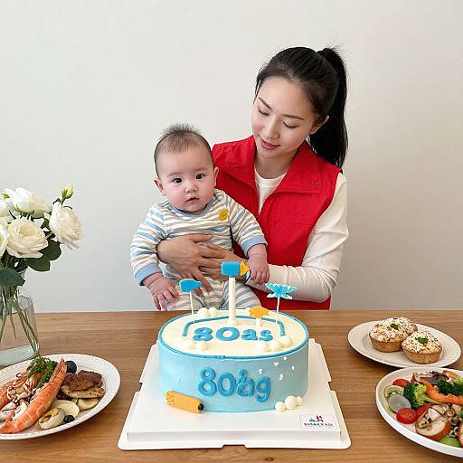Photograph of an Asian mother with black hair in a red vest, holding a baby, celebrating the baby's 8th birthday with a blue cake