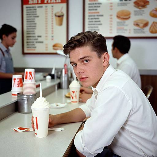 Photograph of a young man with short, dark hair, wearing a white shirt, sitting at a diner counter, holding a milkshake cup, with