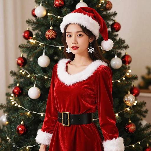 Woman in Festive Christmas Outfit by Tree