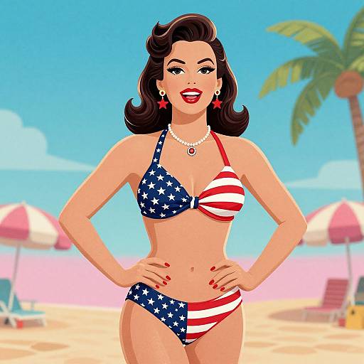 Digital illustration of a smiling woman with dark hair in an American flag bikini, red earrings, pearl necklace, and red nails, standing on a sunny beach