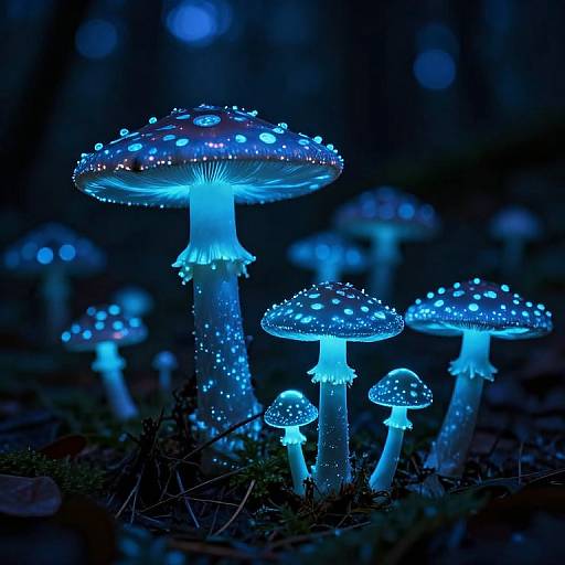 Photograph of glowing blue bioluminescent mushrooms in a dark forest, with sparkling dots on caps and stems, creating an ethereal, magical nighttime