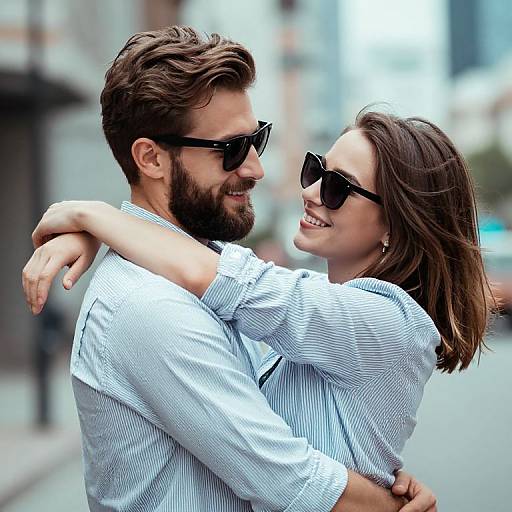 Photograph of a smiling bearded man and woman with brown hair, both wearing black sunglasses and blue striped shirts, embracing on a city street.