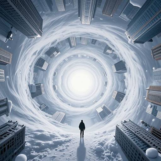 Digital art: Silhouetted figure stands at center of swirling white vortex surrounded by floating skyscrapers, creating a surreal urban landscape.