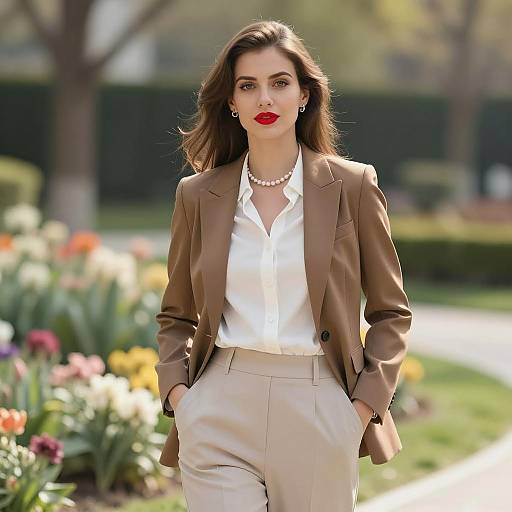 Confident Woman in Formal Suit in Garden