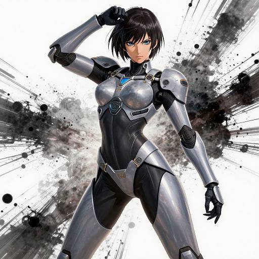 Digital art of a fierce, black-haired woman in sleek, silver and black armored suit with blue gem, striking dynamic black splatter background.