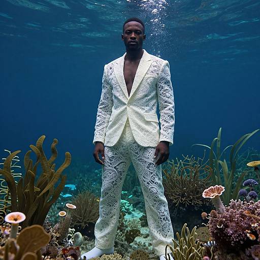 Photograph of a tall, dark-skinned man underwater, wearing a white lace suit with a deep V-neck, standing amidst colorful coral and seaweed