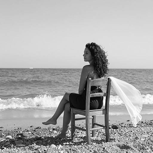 Woman Sitting on Wooden Chair at Pebbled Beach