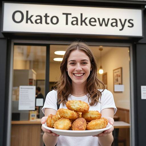 Photograph of a smiling young woman with brown hair, wearing a white shirt, holding a plate of crispy, golden-brown fried cakes in front of