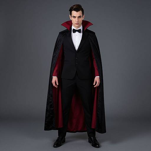 Photograph of a young white man with short brown hair, wearing a black tuxedo, red-lined cape, black bow tie, and black shoes