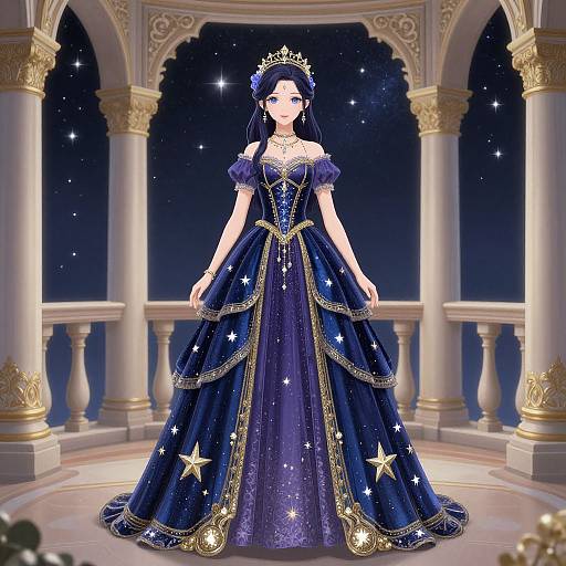 Digital illustration of a fair-skinned, blue-eyed woman in an ornate, star-patterned dark blue ball gown with gold trim, standing in a