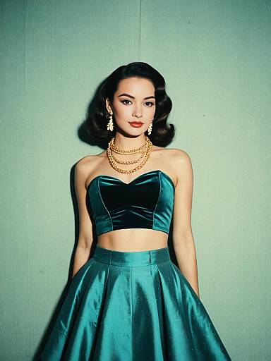 Elegant Woman in Teal Velvet Two-Piece Outfit