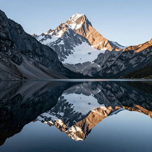 Photograph of a snow-capped mountain peak reflected in a calm, mirror-like lake, with clear blue sky and rugged, dark mountains surrounding.