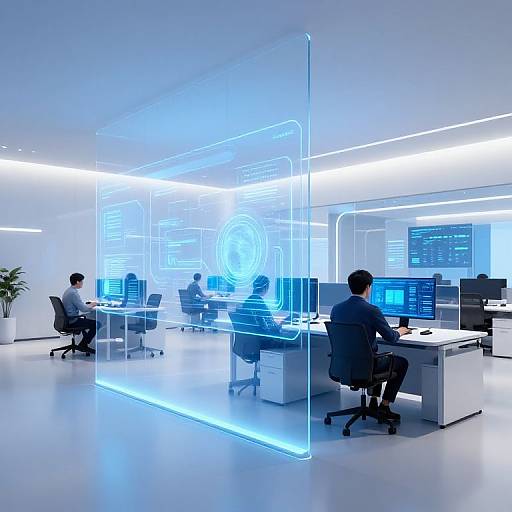 Photograph of modern, brightly-lit office with four seated employees, blue glowing holographic screen, white walls, and sleek, minimalistic furniture.