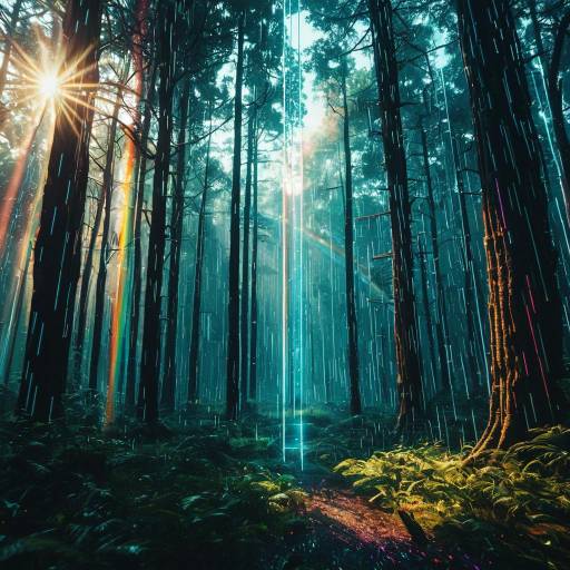 Cyberpunk Forest with Blockchain Light Ropes