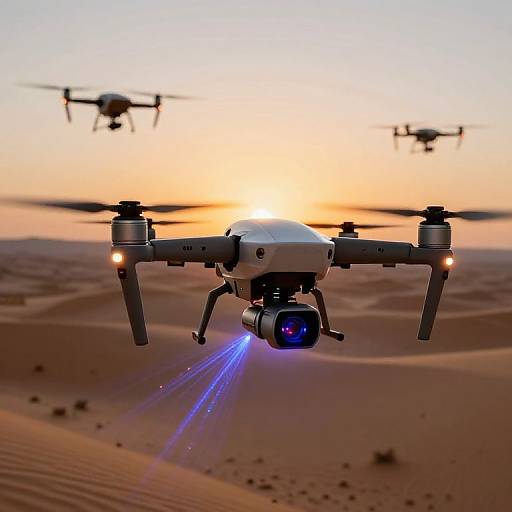 Photograph of a white drone with blue laser light, flying over a desert at sunset, with two blurred drones in the background.