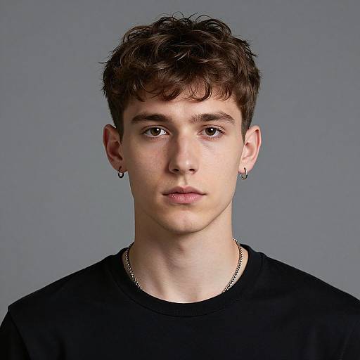 Photograph of a young white man with short brown hair, wearing black shirt, small hoop earrings, and chain necklace, against gray background.