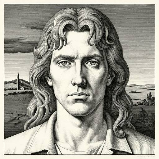 Black-and-white digital drawing of a serious, long-haired man with wavy hair, staring directly at the camera, set against a mountainous landscape.