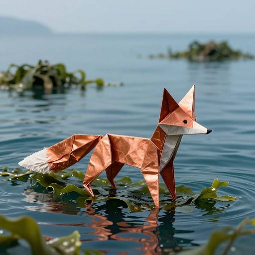Ornate red and white origami fox standing in calm, reflective water with green aquatic plants in the background. Photograph.