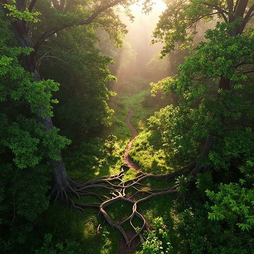 Photograph of a sunlit forest path with twisted tree roots, surrounded by lush green foliage, bathed in golden sunlight.