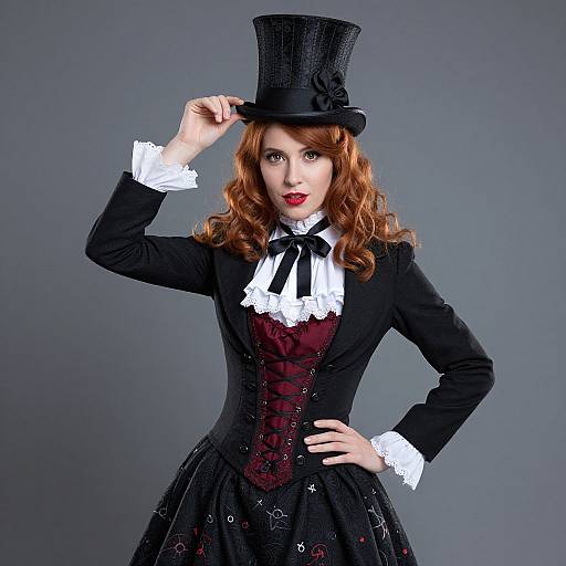 Photograph of a red-haired woman in Victorian gothic attire, wearing a black top hat, lace-trimmed black dress with corset, white