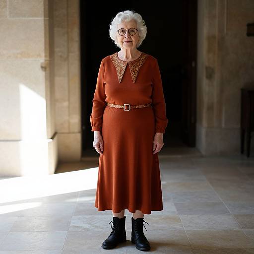 Photograph of elderly white woman with short white hair, wearing glasses, brown long-sleeve dress with gold embroidery, black belt, and black boots