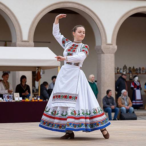 Photograph of a woman in a white, embroidered traditional dress performing a dance in a courtyard with arched columns and onlookers.