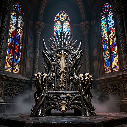 Digital artwork of a gothic throne with skeletal faces, set in a dark, misty cathedral with colorful stained glass windows.