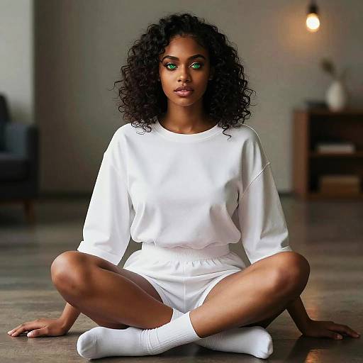Photograph of a young Black woman with curly hair, sitting cross-legged on the floor in a white sweatshirt and socks, with a soft-lit