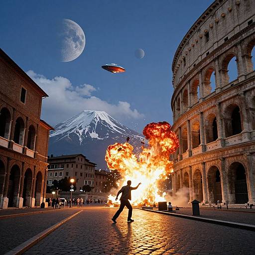 Photograph of a person silhouetted against explosive fire in a cobblestone piazza, with Mount Vesuvius, a moon, and