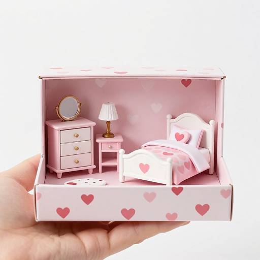 Miniature pink bedroom scene with white bed, heart-patterned bedding, nightstand, lamp, and dresser, held in a hand. Photorealistic