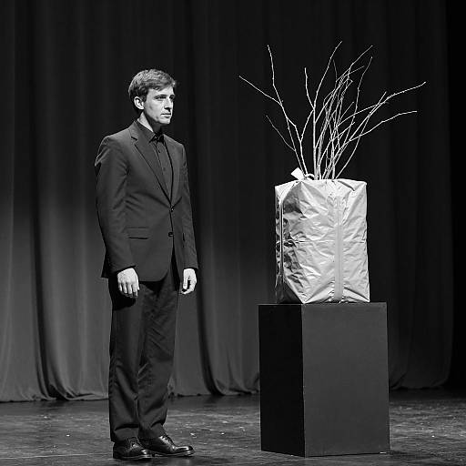 Man in Suit Standing on Stage with Wrapped Branches