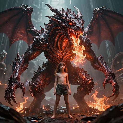 Digital artwork of a topless, shirtless child standing confidently in front of a large, fiery, dark red dragon with glowing eyes and wings in a