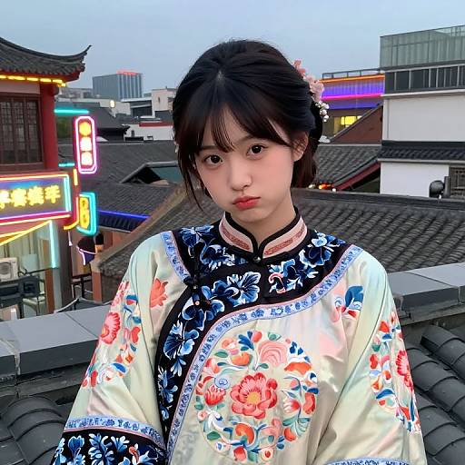 Photograph of an Asian woman with fair skin, black hair in a bun, wearing a floral-patterned traditional Chinese robe, standing on a rooftop with