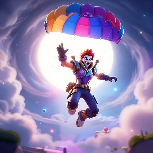 CGI image of a red-haired, white-masked character with a muscular build, jumping with a colorful parachute, set against a vibrant, cloud-filled