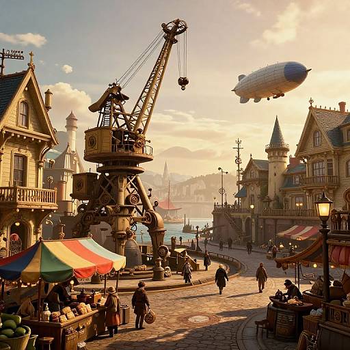 Lively Steampunk Harbor at Golden Hour