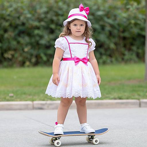 Photograph of a young girl with curly brown hair, wearing a white dress with pink ribbons, hat, and white sneakers, standing on a skateboard