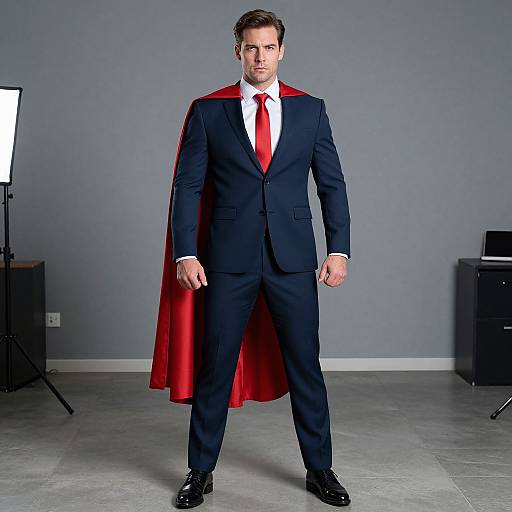 Photograph of a handsome man in a black suit, white shirt, red tie, and red cape, standing confidently against a gray wall.