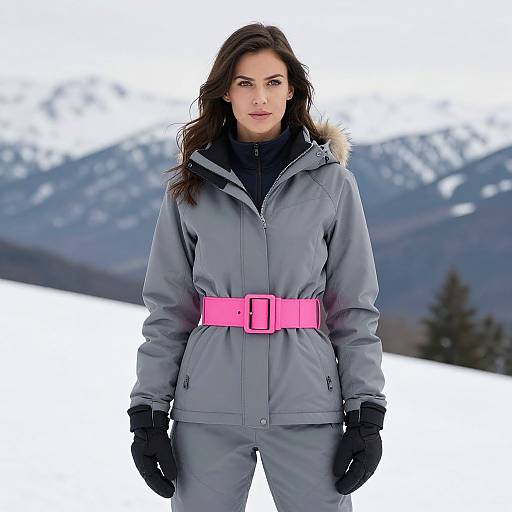 Photograph of a woman with long dark hair, wearing a gray winter coat with pink belt, black gloves, standing in snowy mountains.
