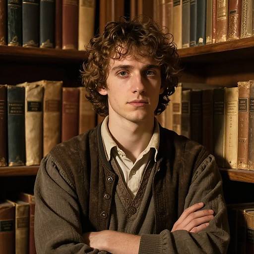 Photograph of a young man with curly brown hair, fair skin, and blue eyes, wearing a dark cardigan over a white shirt, standing in
