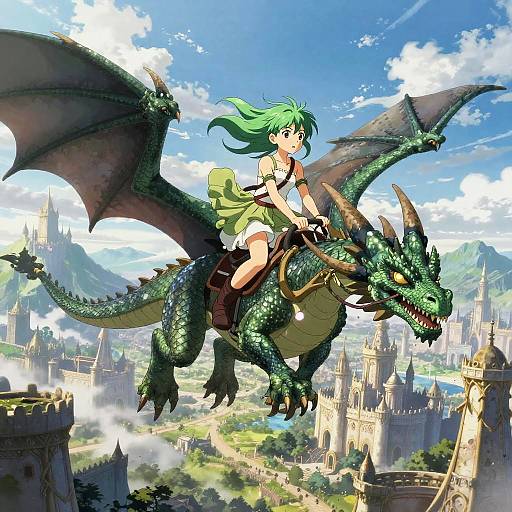 Anime-style digital drawing: A green-haired girl rides a large, green dragon over a medieval castle cityscape with bright blue skies.