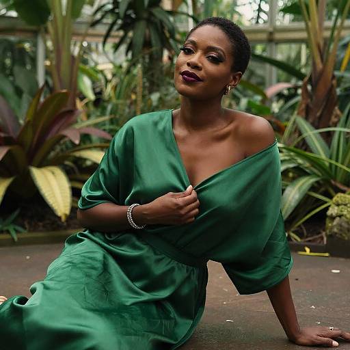 Photograph of a beautiful Black woman with dark skin and short hair, wearing an off-shoulder green dress, sitting in a lush, tropical greenhouse