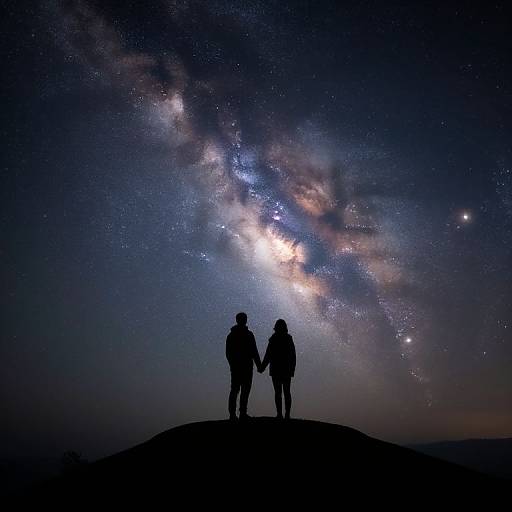 Silhouetted couple holding hands, gazing at the Milky Way galaxy, standing on a hill under a starry night sky. Photographic image