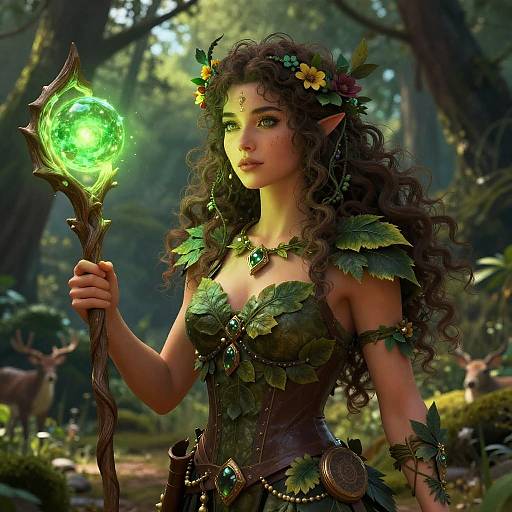 Digital fantasy artwork of a beautiful, green-eyed elf woman with curly dark hair, wearing leafy armor, holding a glowing green staff in a forest.
