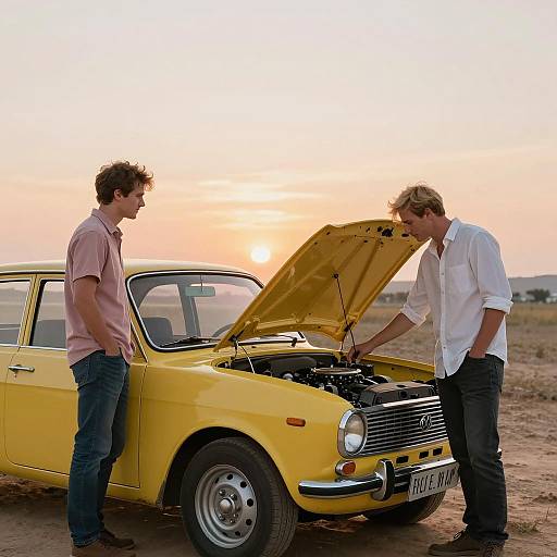 Sunset Car Mechanics in a Barren Field