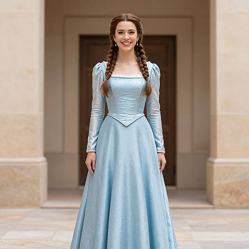 CGI image of a smiling young woman with long brown braids, wearing a light blue, long-sleeved, medieval-style gown, standing in