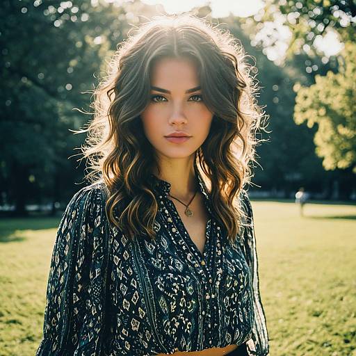 Woman with Wavy Hair in Bohemian Blouse