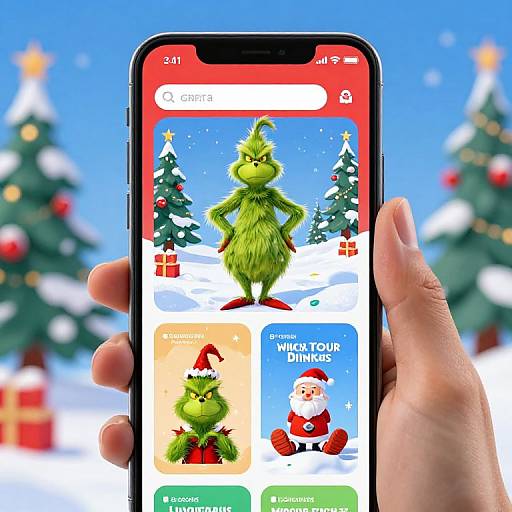 Photograph of a hand holding a smartphone displaying a Christmas-themed app with a green, grumpy elf, Santa, and 